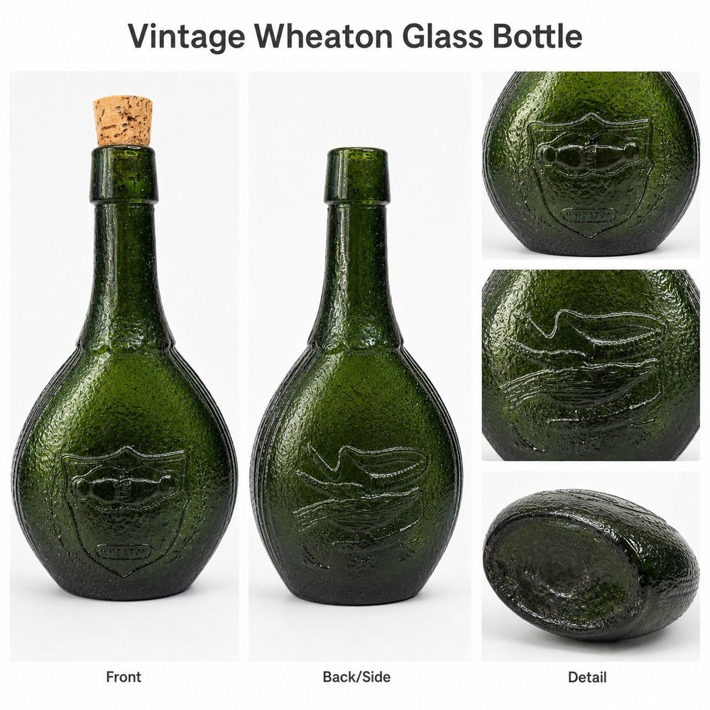 Vintage Wheaton Green‎ Glass Bottle Union Shield Eagle Embossed Textured Flask